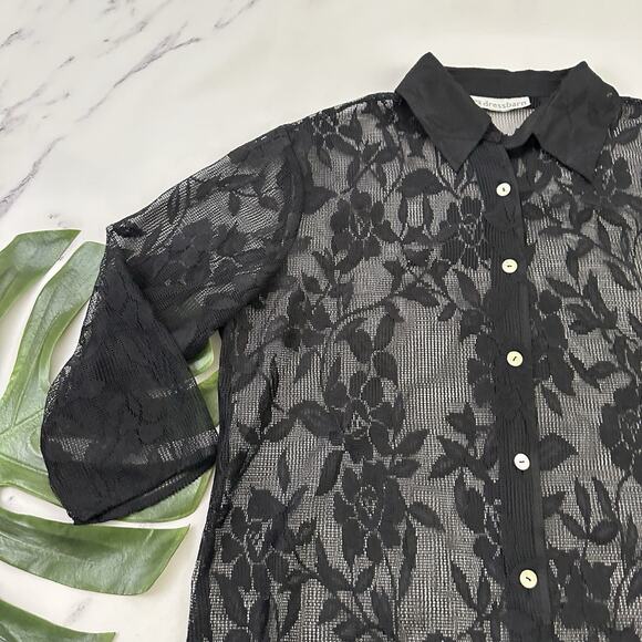 Fashion Bug Womens Vintage Y2k Lace Top Size L Black Sheer Floral Button Up - Picture 4 of 11